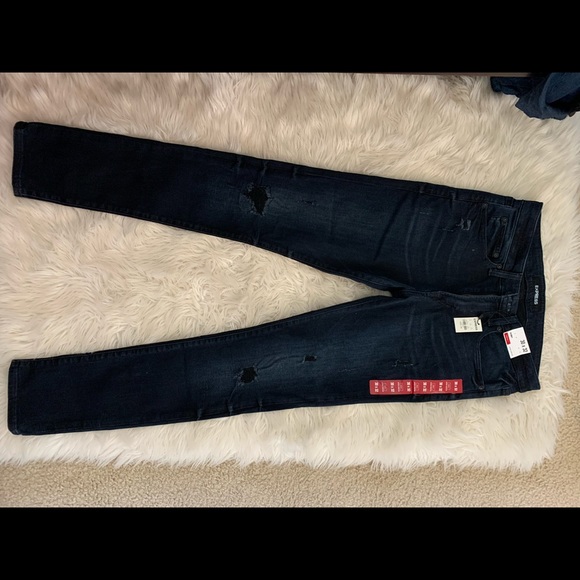 Mens Express Dark Wash Distressed Skinny Jeans - Picture 2 of 7